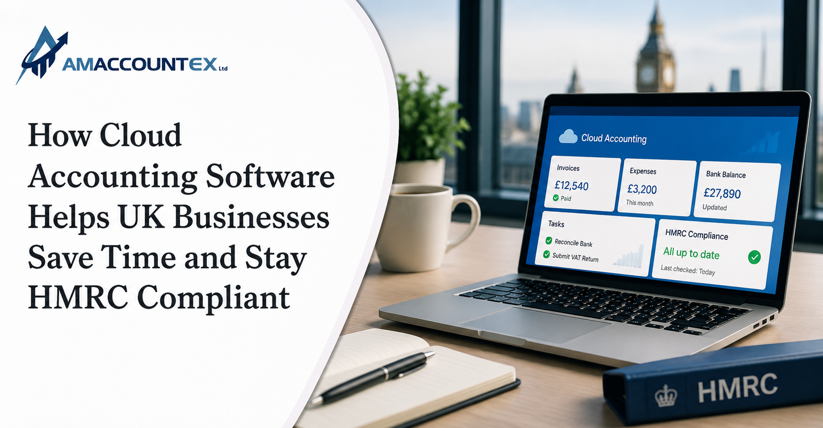 Business owner using cloud accounting software dashboard to manage finances and maintain HMRC compliance in the UK.