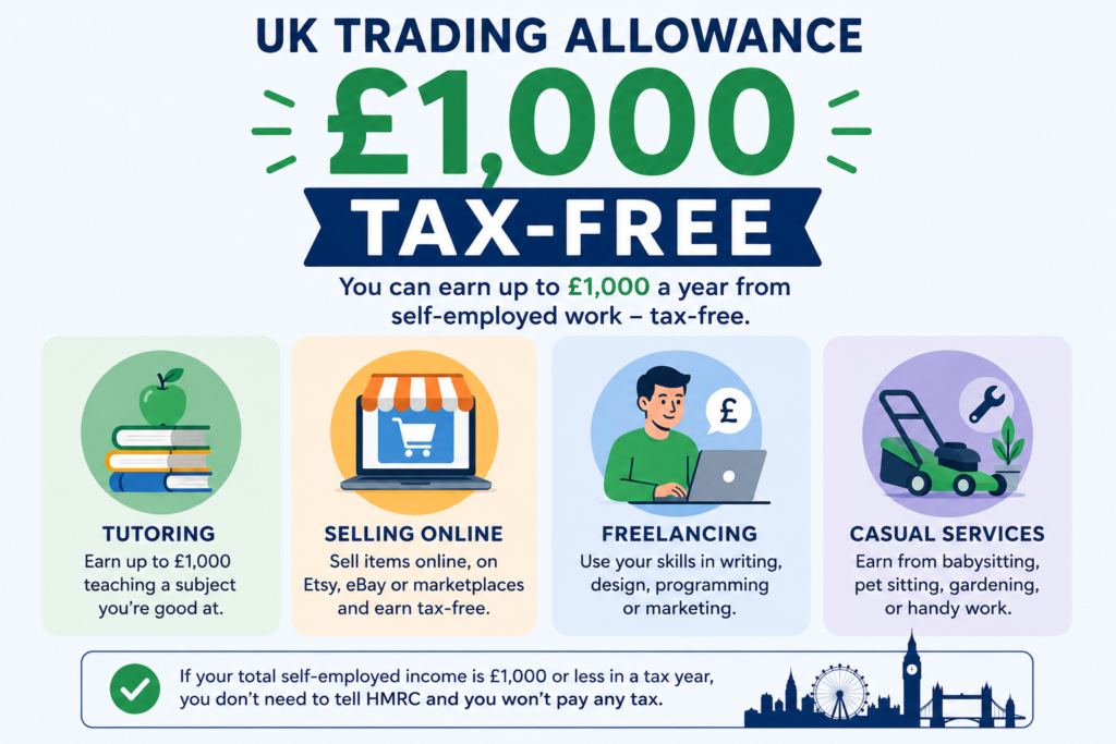 UK Trading Allowance £1,000 tax-free income examples infographic